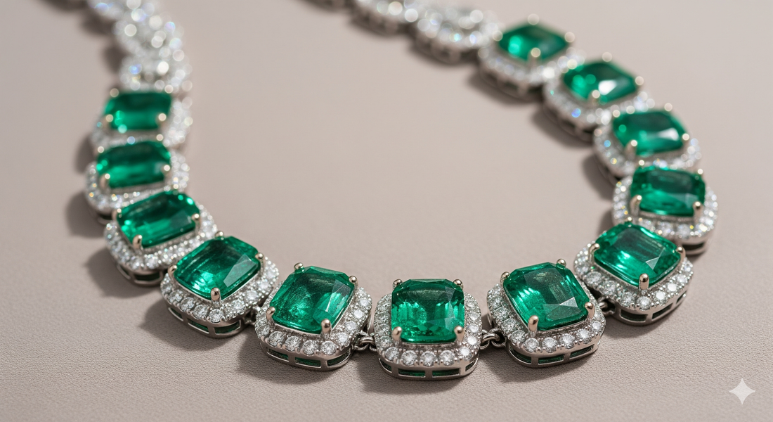 Luxurious emerald necklace with cushion-cut stones and diamond halos