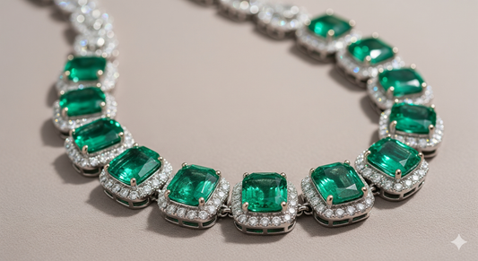 Luxurious emerald necklace with cushion-cut stones and diamond halos