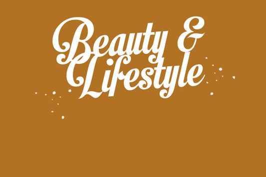 Beauty & Lifestyle text on brown background with decorative white dots
