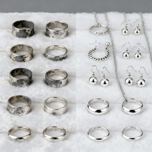 Tarnished vs polished sterling silver rings, earrings, and necklace.