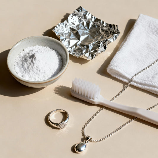 Silver cleaning essentials with baking soda, foil, toothbrush, and jewelry.
