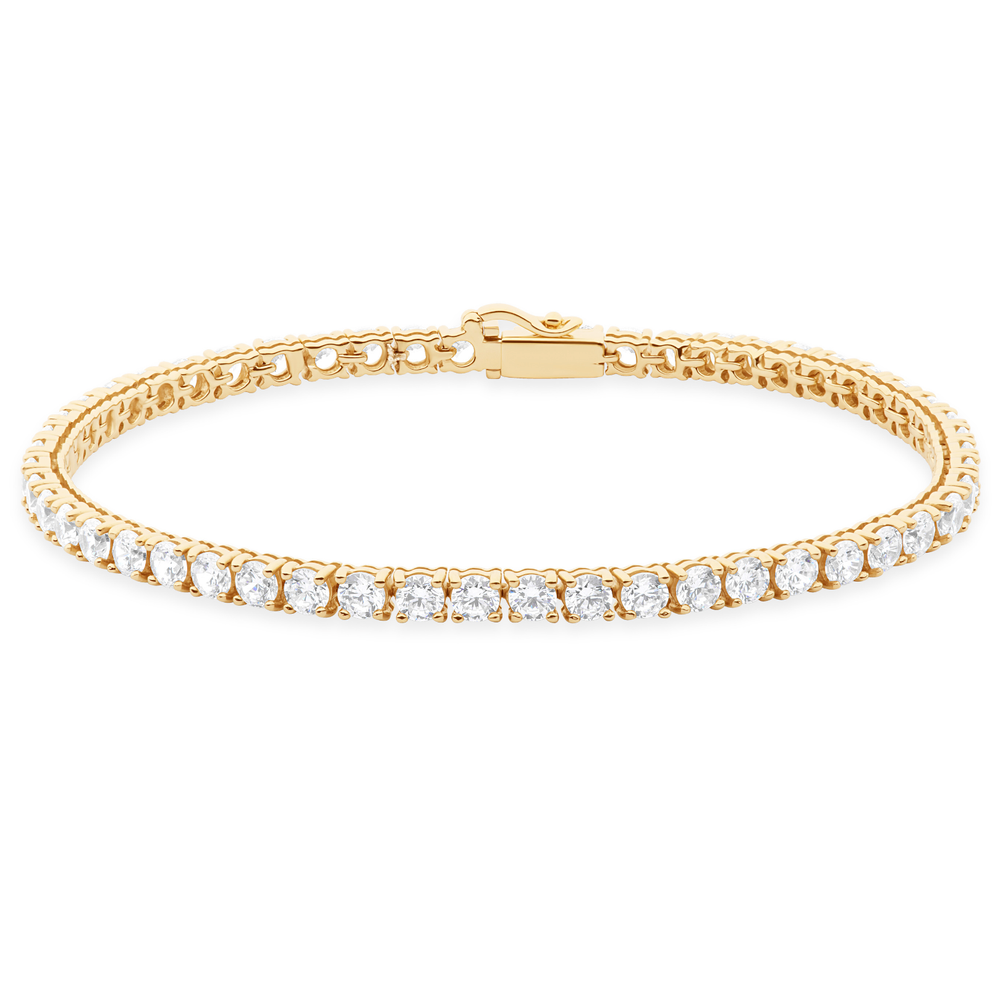 Elegant gold moissanite tennis bracelet with sparkling round-cut stones.