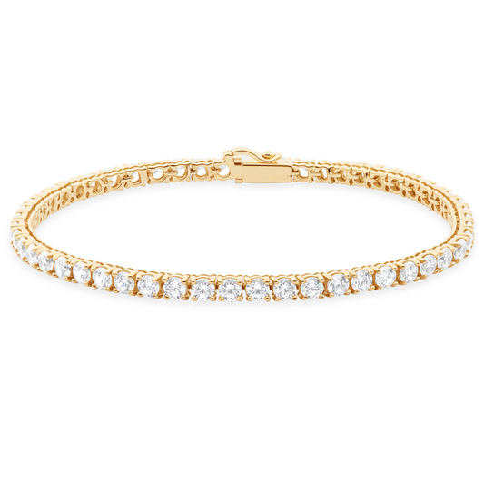 Elegant gold moissanite tennis bracelet with sparkling round-cut stones.