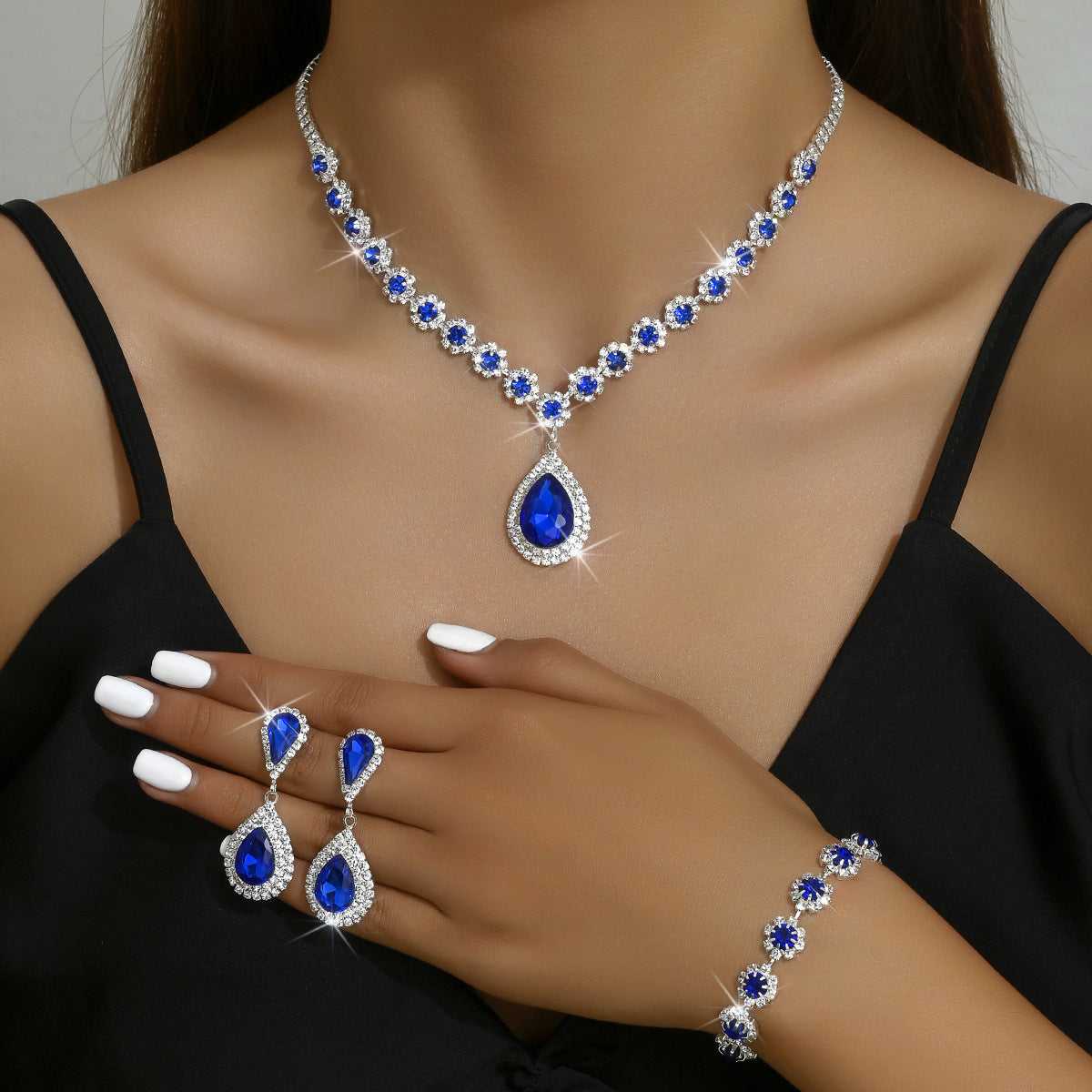 Blue Three-piece Jewellery Set - Complete Set | Elegant Trio featuring sparkling teardrop necklace, earrings, and bracelet for elegant styling.