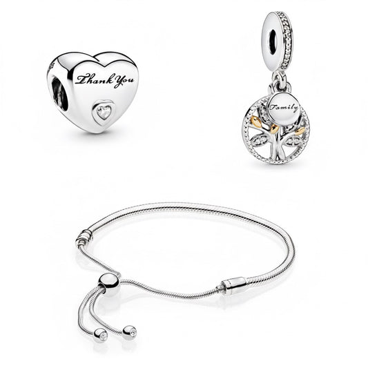 Perfect Gift Set for Her - Ultimate Love | Gift Bundle featuring a silver heart 'Thank You' charm, a 'Family' tree charm, and adjustable bracelet.