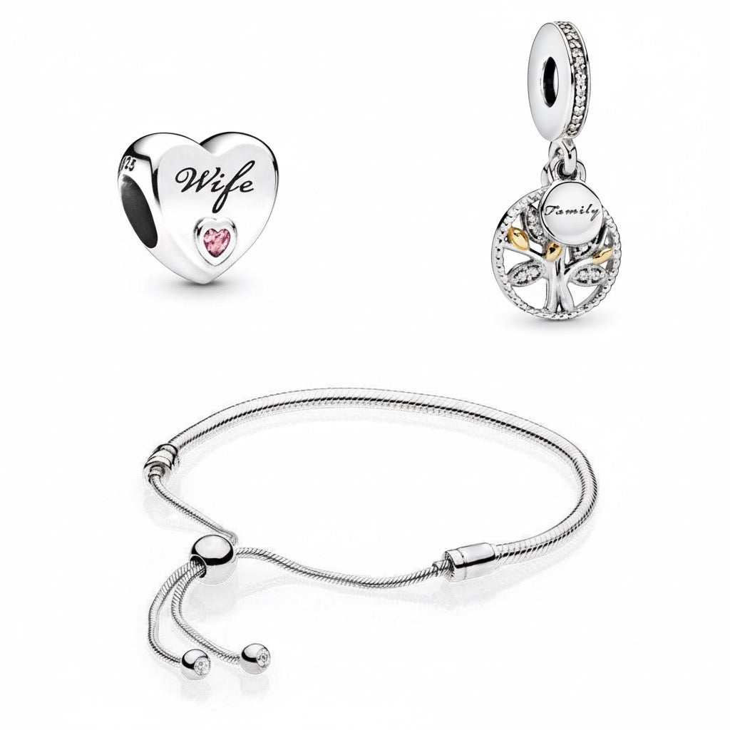 Perfect Gift Set for Her - Ultimate Love | Gift Bundle featuring a silver adjustable bracelet, heart-shaped 'Wife' charm with pink gem, and 'Family' tree charm.