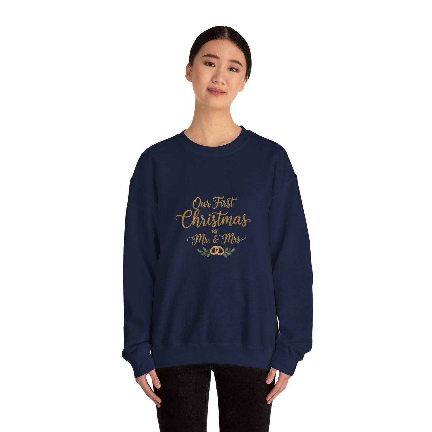 His/Hers Newlyweds Sweatshirt in navy with gold 'Our First Christmas Mr. & Mrs.' embroidery, ideal holiday apparel for couples and wine lovers.