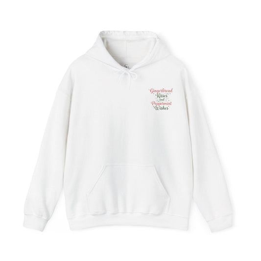 Front view of white Women’s Gingerbread Kisses Hoodie featuring 'Gingerbread Kisses and Peppermint Wishes' text, perfect for casual layering.
