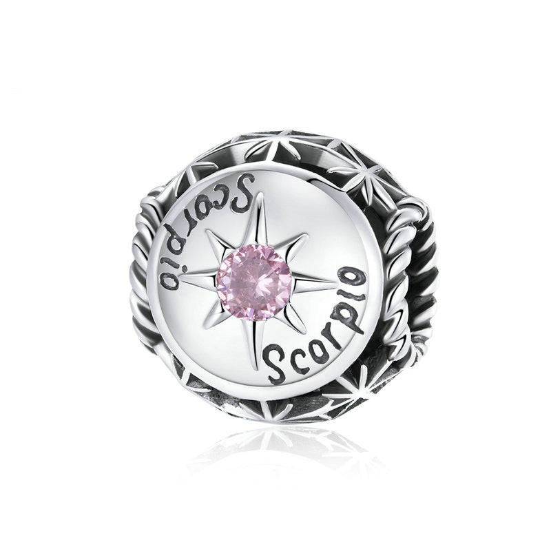 Scorpio Horoscope Charm with soft pink zircon and engraved zodiac name. Stylish astrology charm from Celestial Styles collection.
