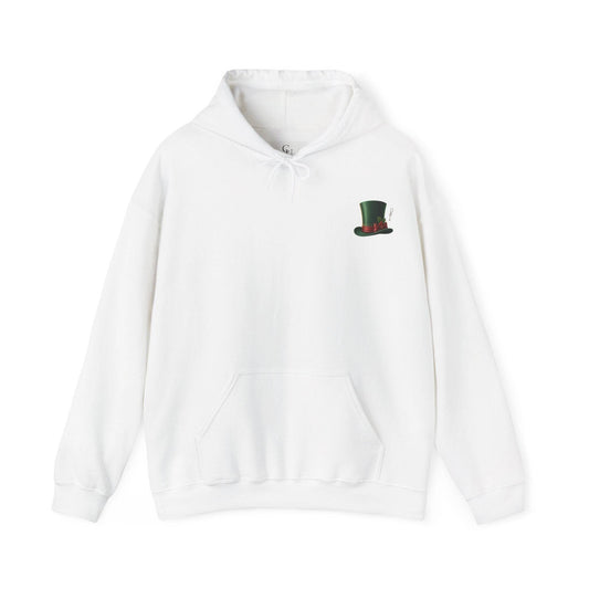 Unisex Scrooge Hoodie in white featuring a small green top hat graphic on the chest. Ideal Christmas apparel with a cozy pouch and adjustable hood.