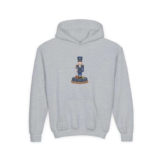 Nutcracker Hoodie for Kids in heather gray featuring a festive nutcracker graphic, perfect for Christmas wear and cozy winter layering.