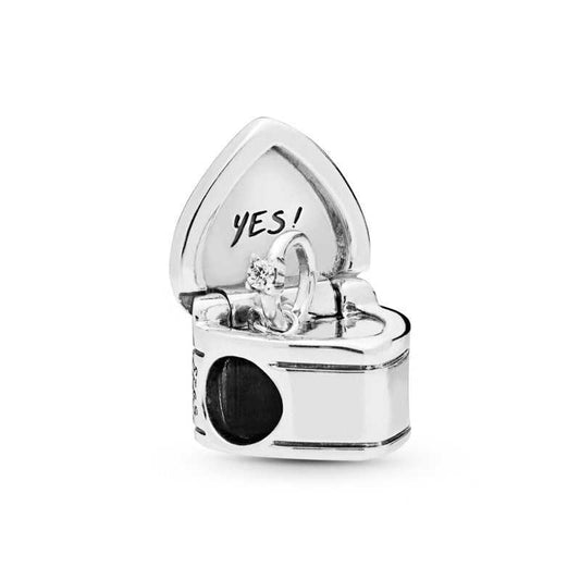 Open Ring Box Charm revealing a miniature ring and 'YES!' engraving inside, ideal for proposals and love-themed jewelry.
