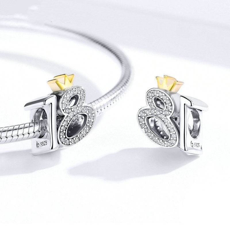 Pair of 18th Birthday Charms for Bracelets in 925 sterling silver with gold crown, designed for milestone birthday gifts