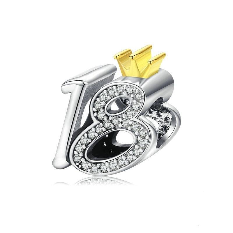18th Birthday Charm for Bracelets in sterling silver with crystal accents and gold crown, perfect for milestone celebrations 🎉