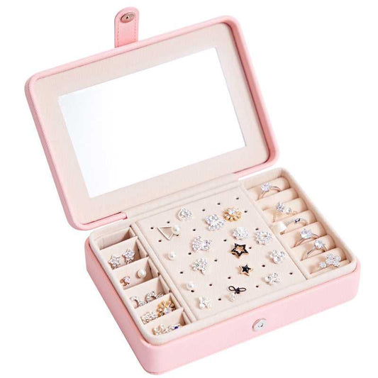 Large Travel Jewellery Box in pink with mirror and compartments for rings, earrings, and studs. Spacious and secure for organized travel storage.