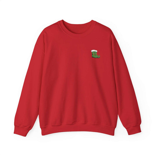 Red Elf Sweatshirt featuring small elf boot graphic on front chest, perfect for cheeky Christmas fashion.