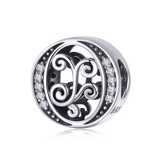 Round Stylish Letter Charm with elegant scroll design and crystal accents, perfect for personalising charm bracelets with a unique touch.