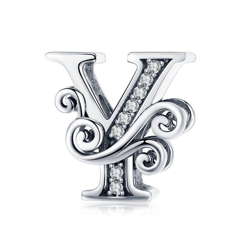 Silver Stylish Letter Charm 'Y' with crystal detailing and decorative scrolls, ideal for personalising jewelry pieces.