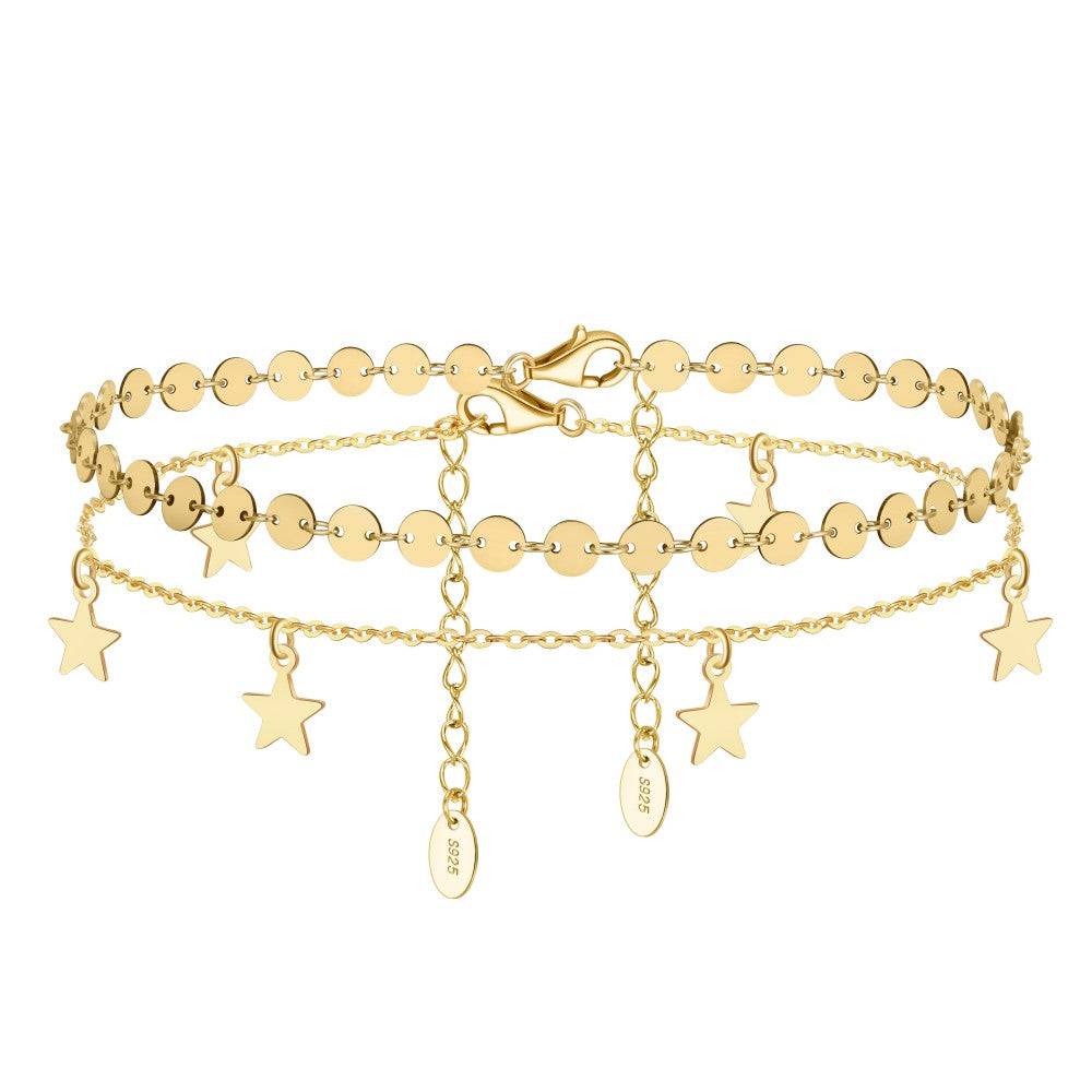 Stunning Stars Anklet for Bracelets - Celestial Charm ✨ in gold with layered star and disc charms, perfect for stylish summer outfits.