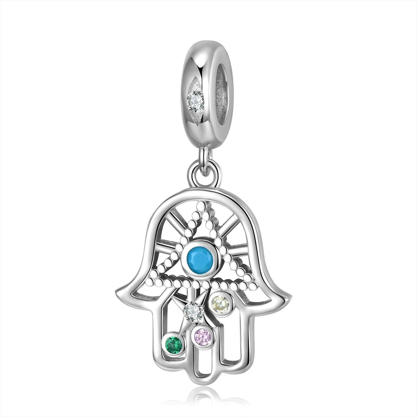 Close-up of Protective Hamsa Hand Charm with blue, green, and clear stones, ideal for adding a spiritual touch to charm bracelets.