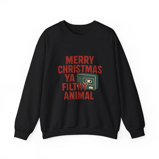 Unisex Christmas Sweatshirt - Home Alone Inspired with 'Merry Christmas Ya Filthy Animal' text and cassette graphic, ideal for festive winter wear.