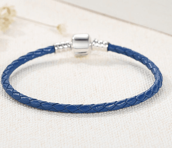 Blue braided Stylish Silver Leather Rope Bracelet with metallic clasp, combining elegance and casual charm for everyday wear.