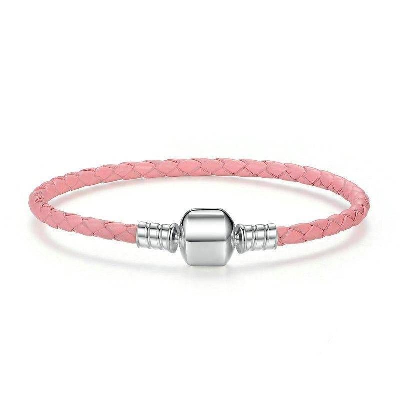 Stylish Silver Leather Rope Bracelet in pink with sleek magnetic clasp, perfect for casual or chic outfits. A trendy accessory for daily wear.