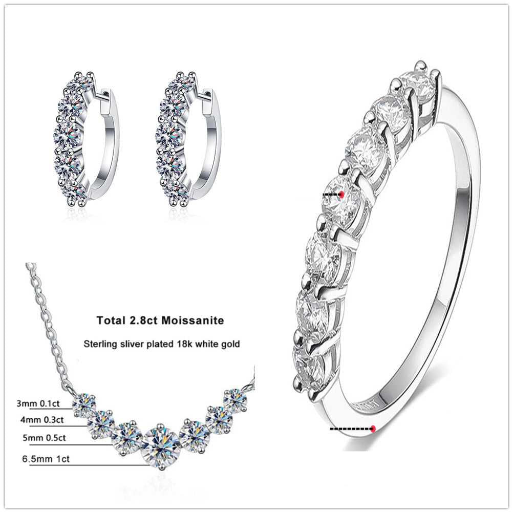Moissanite Jewellery Set-Sterling Silver Set with clear stones, includes ring, earrings, and necklace. Elegant sparkle for formal and casual wear.
