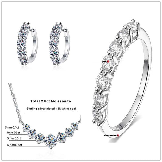 Moissanite Jewellery Set-Sterling Silver Set with clear stones, includes ring, earrings, and necklace. Elegant sparkle for formal and casual wear.