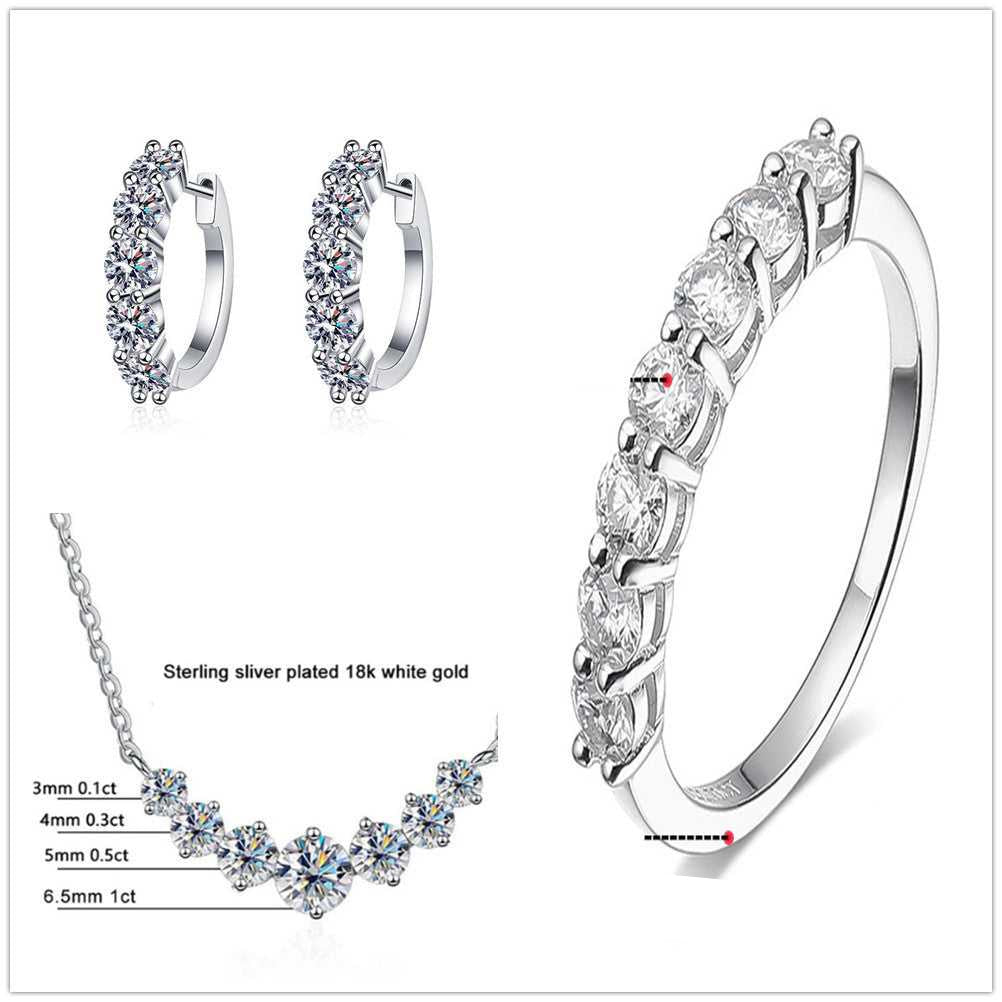 Moissanite Jewellery Set-Sterling Silver Set with brilliant clear stones, featuring necklace, earrings, and ring. Classic sparkle for timeless elegance.