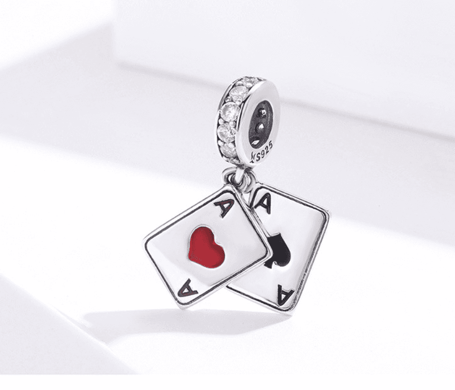 Elegant Playing Cards Charm for Bracelets featuring red heart and black spade aces, crafted in 925 sterling silver with crystal-studded bail.