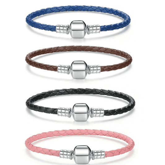 Set of four Stylish Silver Leather Rope Bracelets in pink, black, brown, and blue, featuring braided leather and silver-tone magnetic clasps.