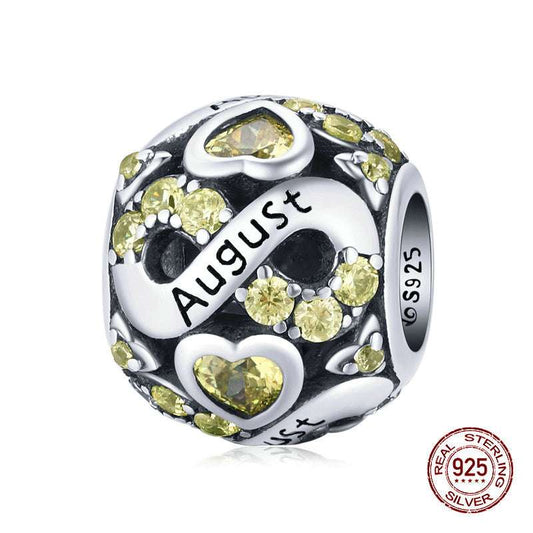 August Birth Month Charm featuring yellow gemstones and heart accents, made from 925 sterling silver for timeless personal jewellery.