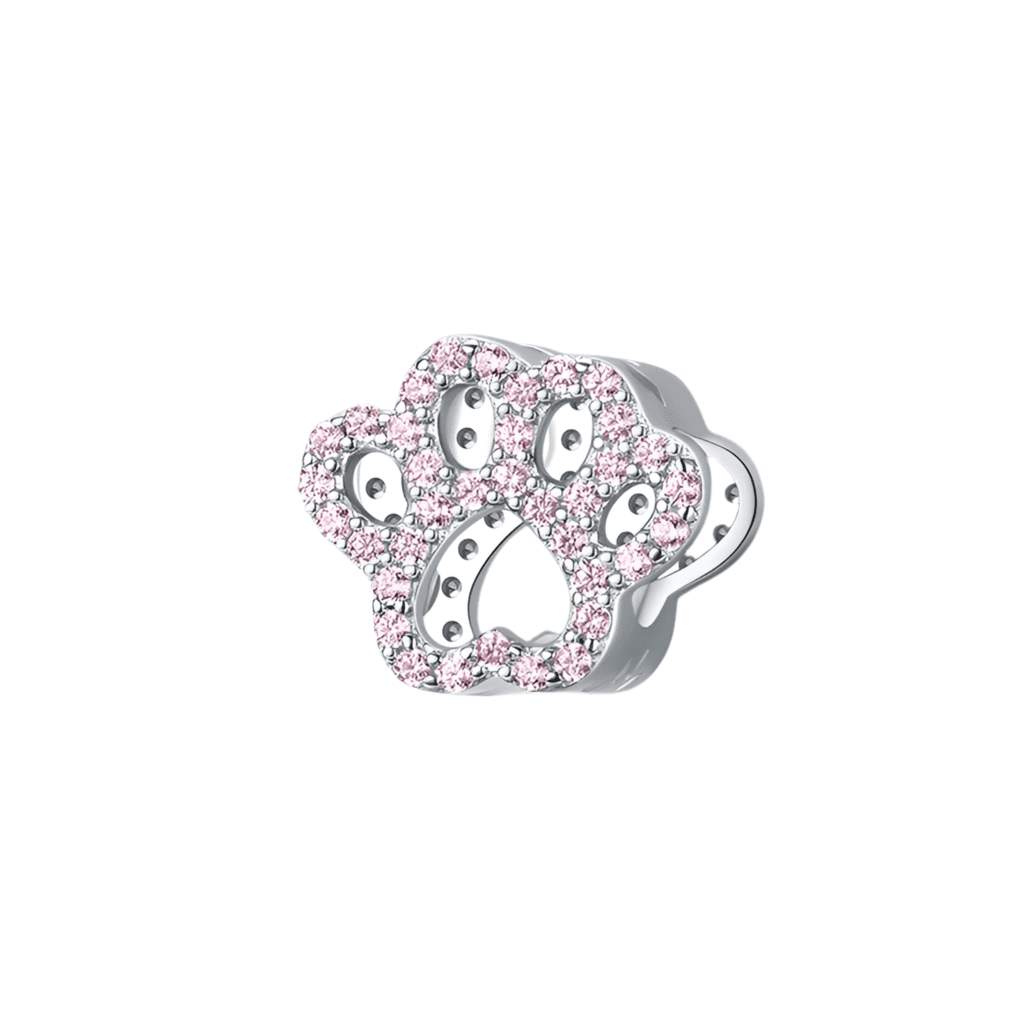 Cute Pink Paw Charm for Bracelets in sterling silver with pink crystals, ideal for pet lovers and charm collectors.