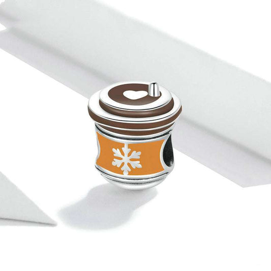 Warm autumn-themed Hot Chocolate Charm with silver base, brown top, and orange snowflake sleeve, perfect for seasonal jewelry.