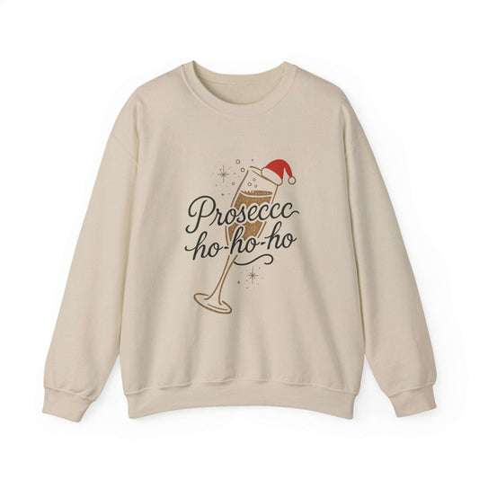 Christmas Clothing Women’s Festive Prosecco Crewneck Sweatshirt in beige with 'Prosecc-ho-ho-ho' text and champagne glass wearing Santa hat.