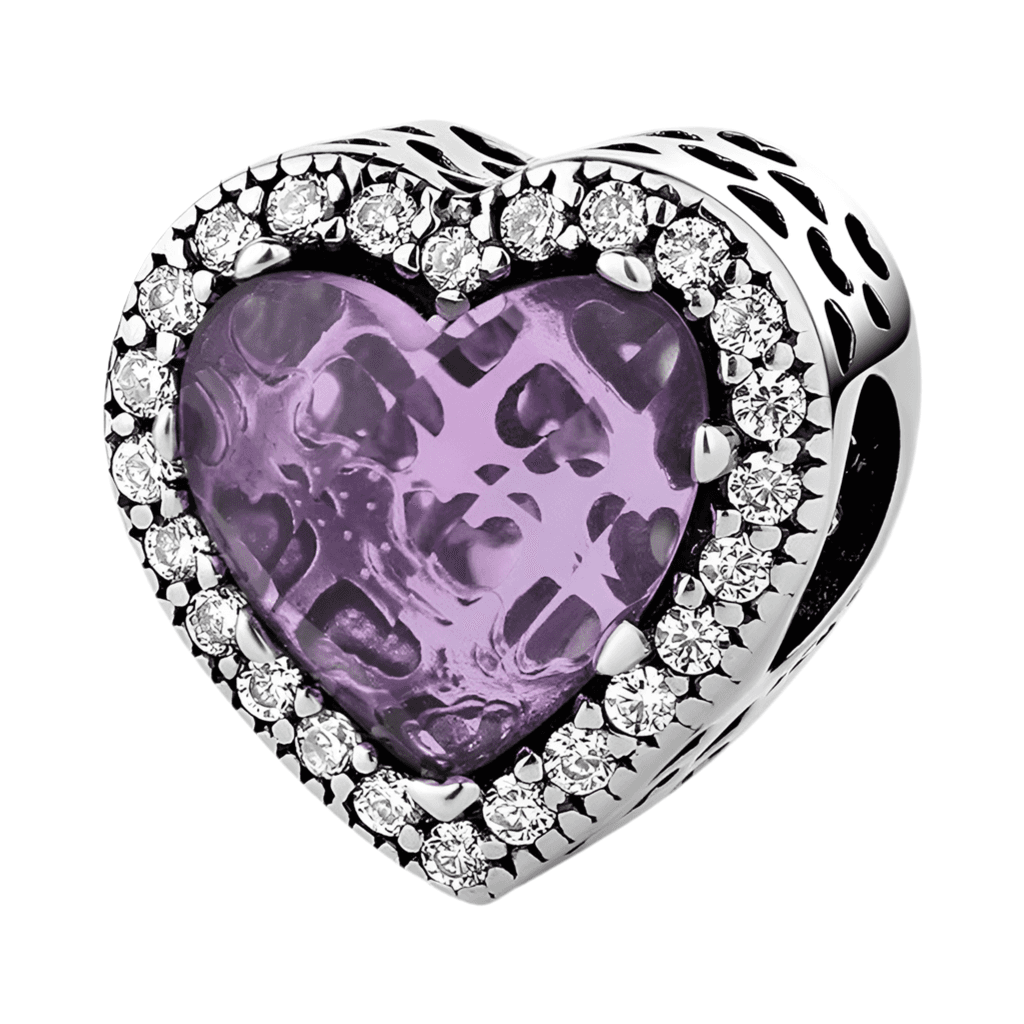 Glass Heart Charm - Elegant Love Symbol for Your Bracelet featuring a purple glass heart center surrounded by sparkling crystals in a silver setting.