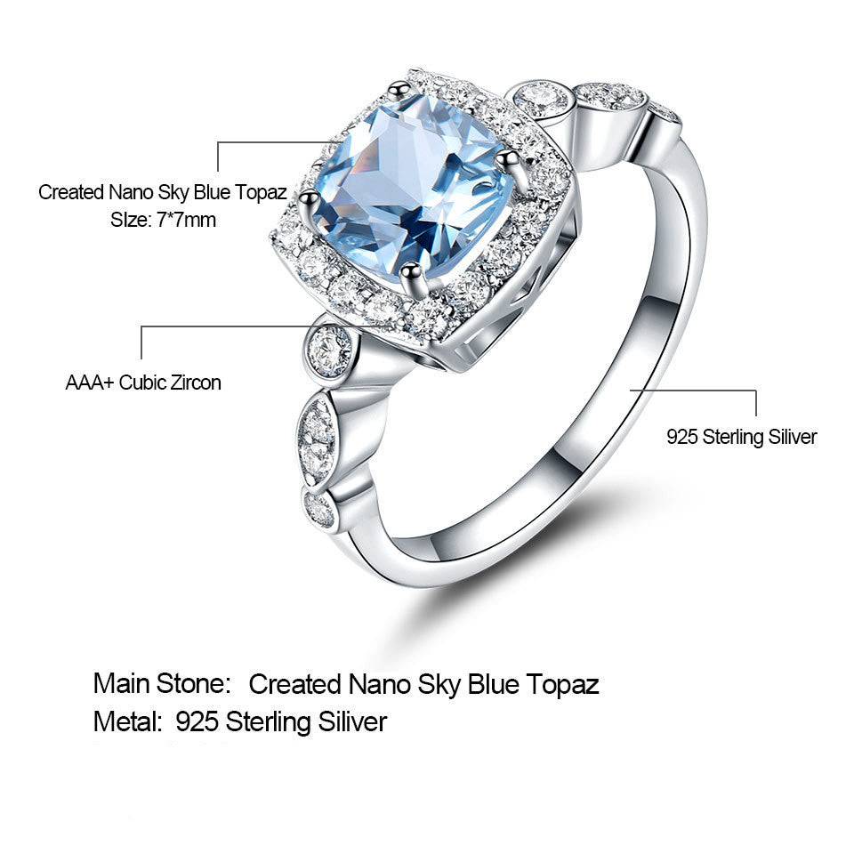 Sterling Silver Blue Topaz Ring diagram highlighting 7x7mm nano sky blue topaz, AAA+ cubic zirconia, and 925 sterling silver metal.
