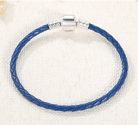 Blue Stylish Silver Leather Rope Bracelet with braided leather and polished silver clasp, ideal for versatile fashion styling.