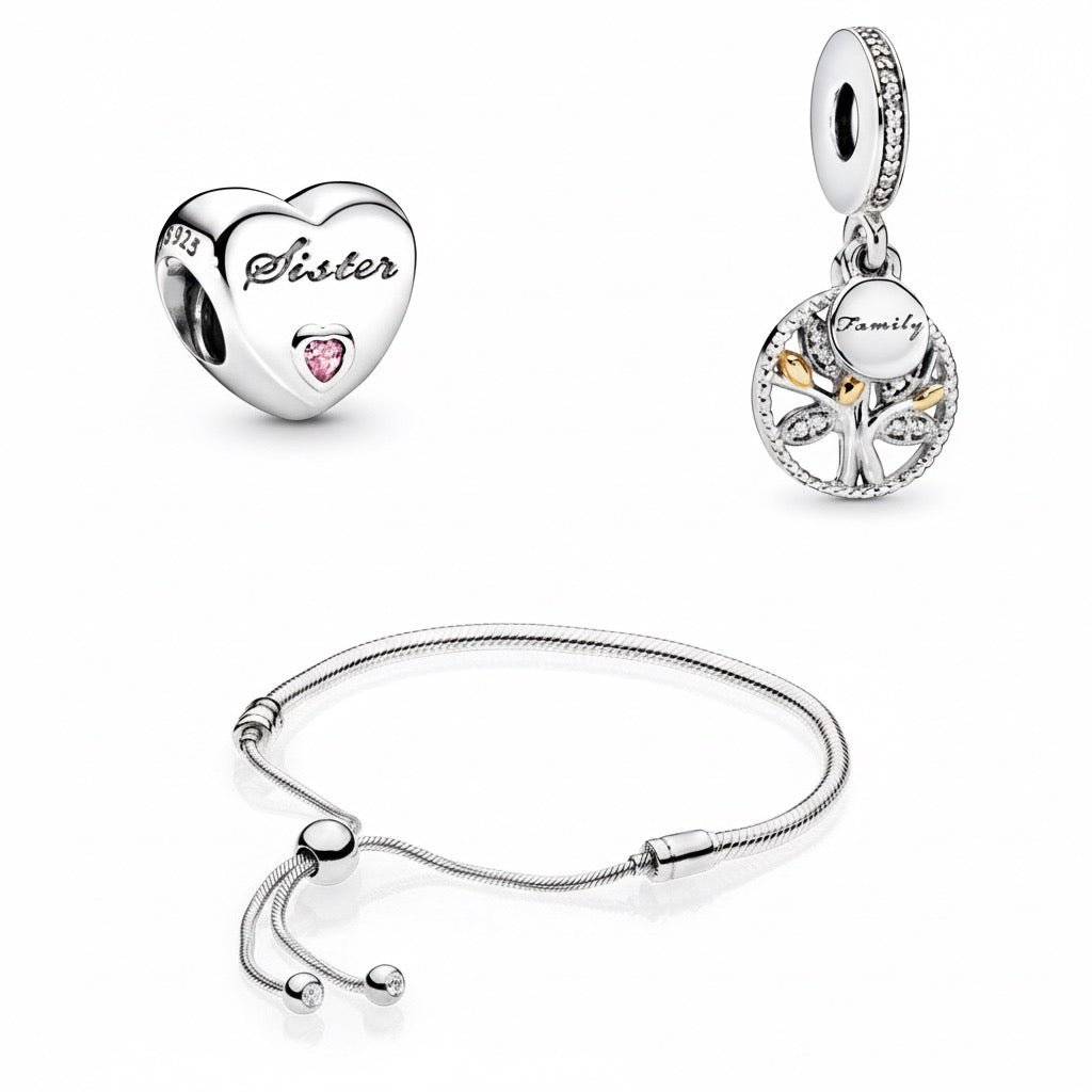 Perfect Gift Set for Her - Ultimate Love | Gift Bundle featuring a silver heart-shaped 'Sister' charm, a 'Family' tree charm, and an adjustable silver bracelet.