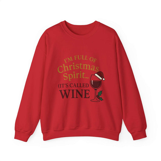 Christmas Clothing Women’s Christmas Spirit Sweatshirt in red with wine glass graphic and festive text, ideal for cozy holiday parties and gifts.