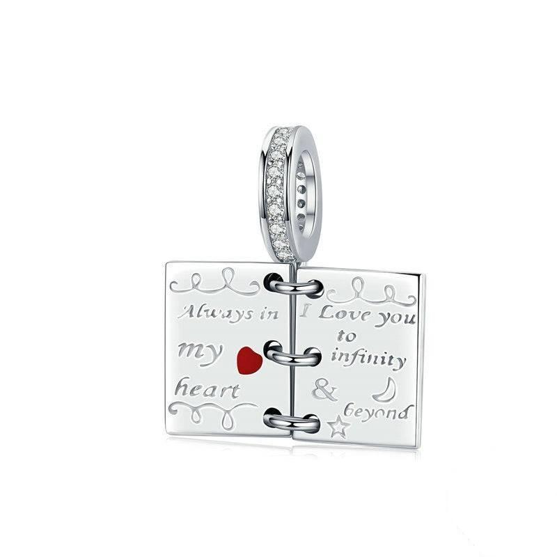 Romantic Love Notes Charm for Bracelets shaped like an open book with engraved message and red heart, symbolizing affection and devotion.