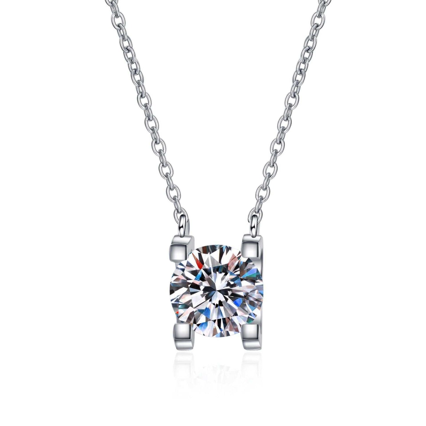 Front view of the Square Silver Moissanite Necklace with a brilliant-cut moissanite stone set in a square sterling silver pendant on a fine chain.