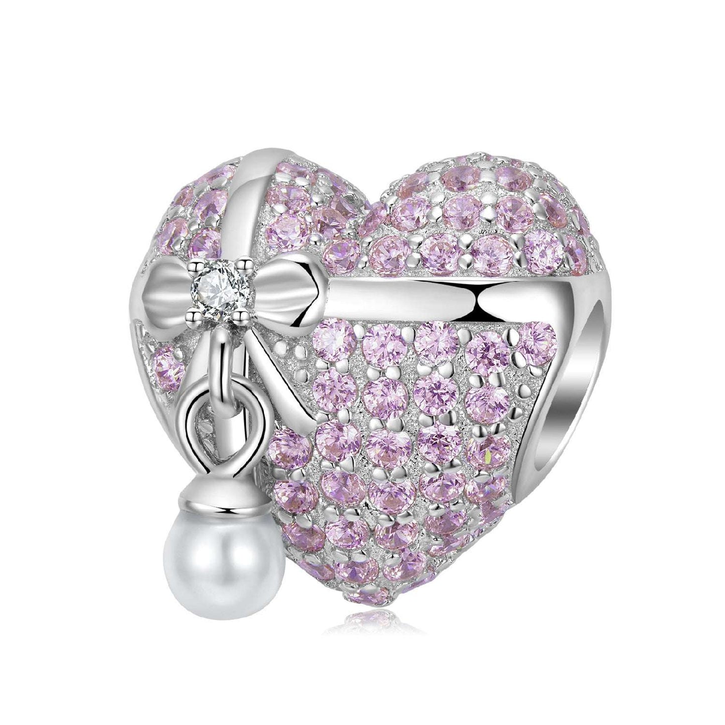 Pearl Pink Bow Charm shaped like a heart, encrusted with pink crystals, silver bow detail, and a dangling pearl accent.