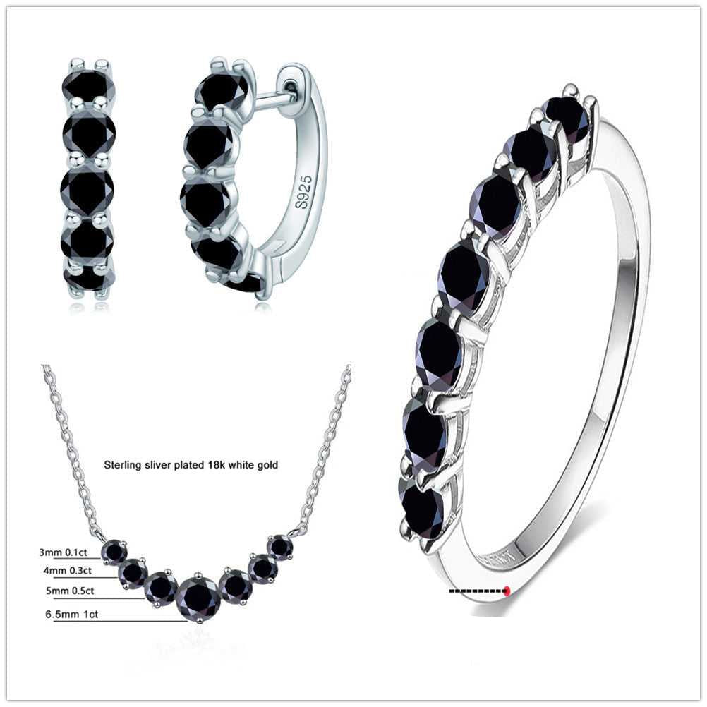 Moissanite Jewellery Set-Sterling Silver Set with black stones, includes necklace, earrings, and ring. Bold and elegant for evening outfits.