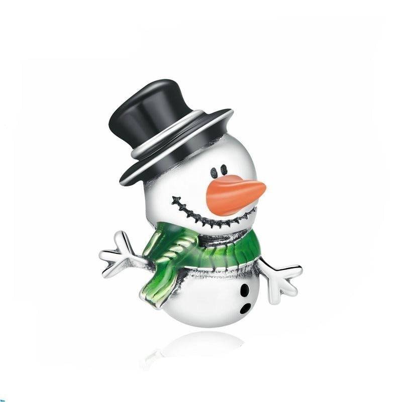 Sterling silver snowman charm with black hat, green scarf, and orange nose.