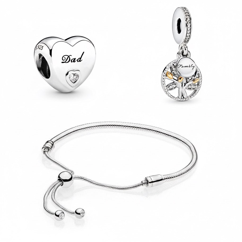 Perfect Gift Set for Her - Ultimate Love | Gift Bundle featuring a silver heart 'Dad' charm, a 'Family' tree charm, and an adjustable silver bracelet.