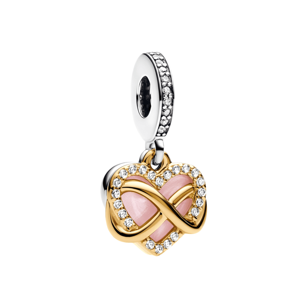 Infinity Heart Dangle Charm - Symbol of Endless Love ♾️ featuring a pink enamel heart wrapped in a gold infinity symbol with crystal accents.