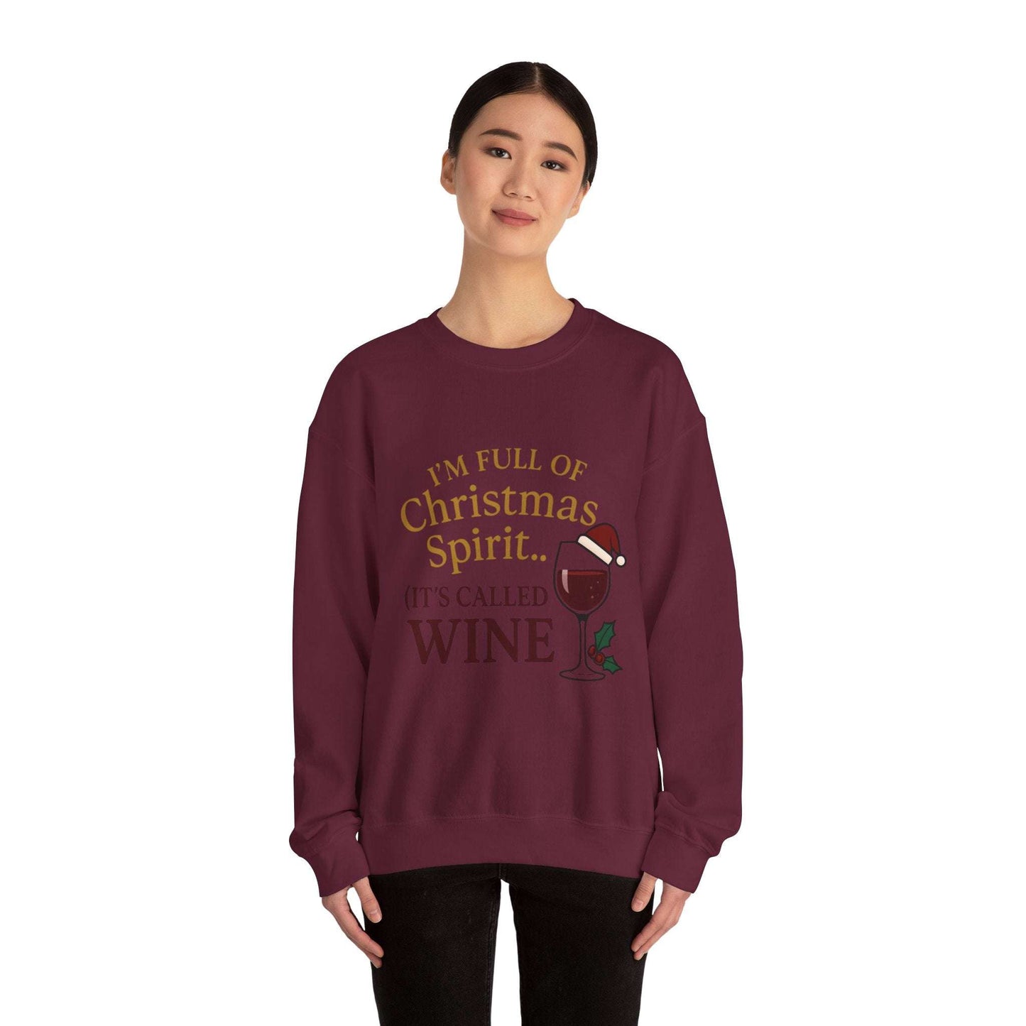 Christmas Clothing Women’s Christmas Spirit Sweatshirt in burgundy with wine glass and festive text, ideal for cozy holiday parties and casual wear.