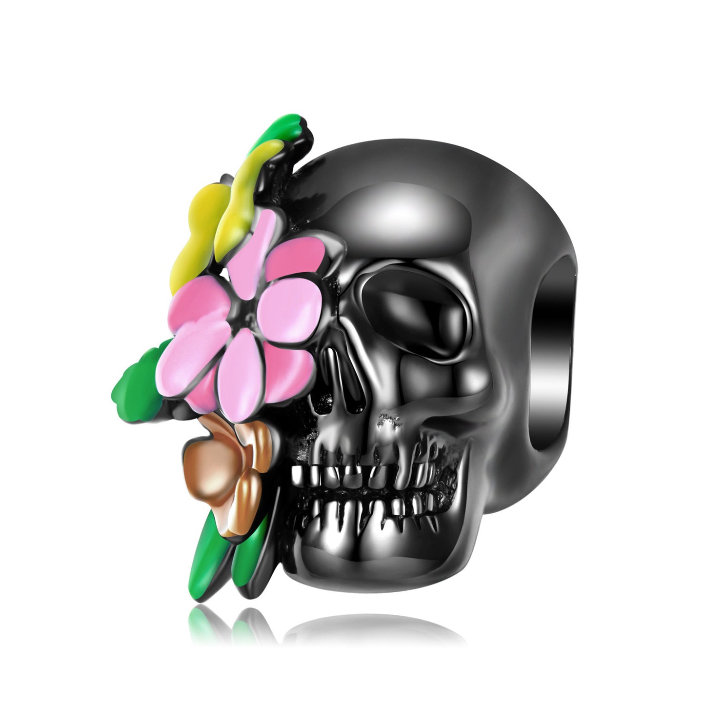 Floral Skull Head Charm - Edgy Style Accessory with intricate pink and green floral detailing on black skull, perfect for statement jewelry.